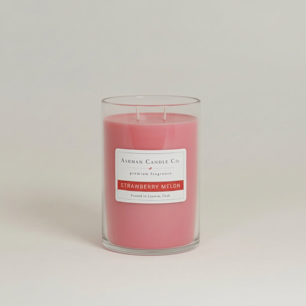 Pink candle in a glass jar with a label on a light gray background